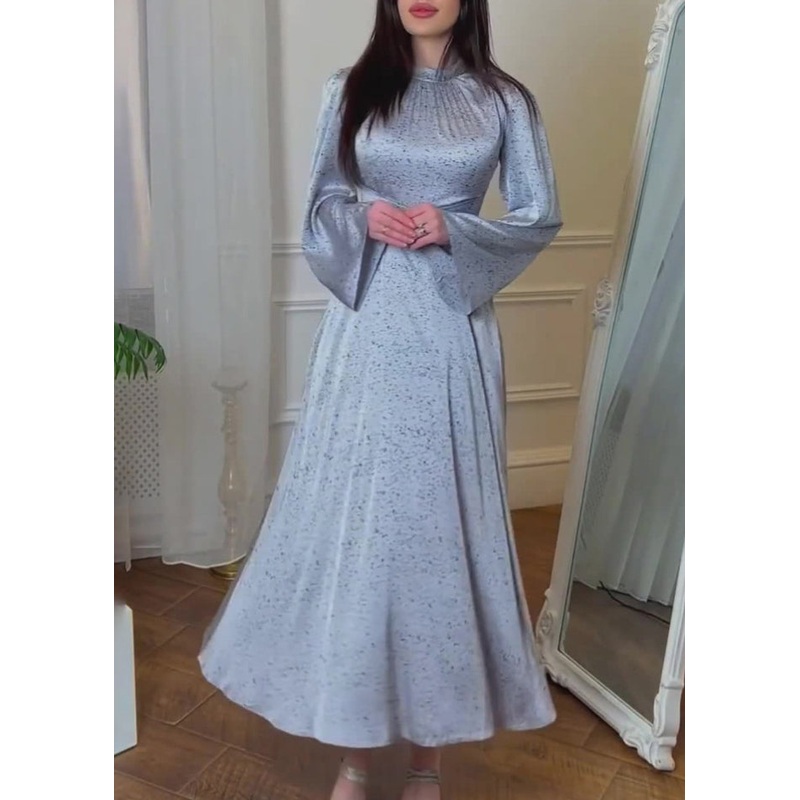 Organic Blue Lace Up Print Silk Maxi Dresses Fall