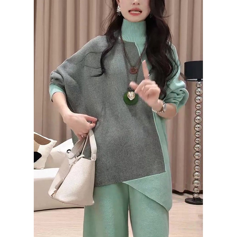 Organic Green Turtleneck Asymmetrical Patchwork Cotton Knit Knitted Sweaters Winter