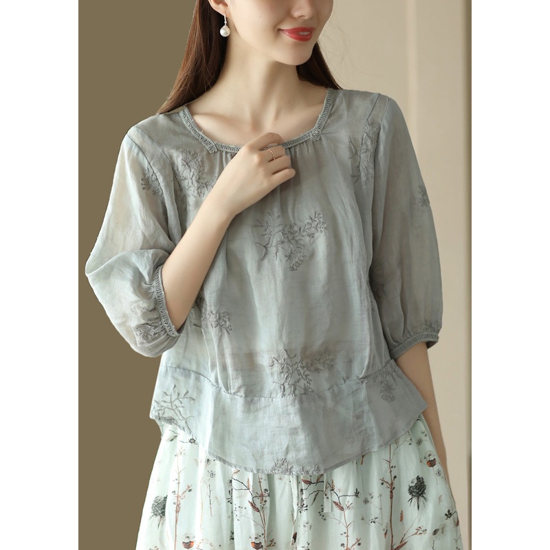 Organic Grey O Neck Embroidered Linen Shirts Summer