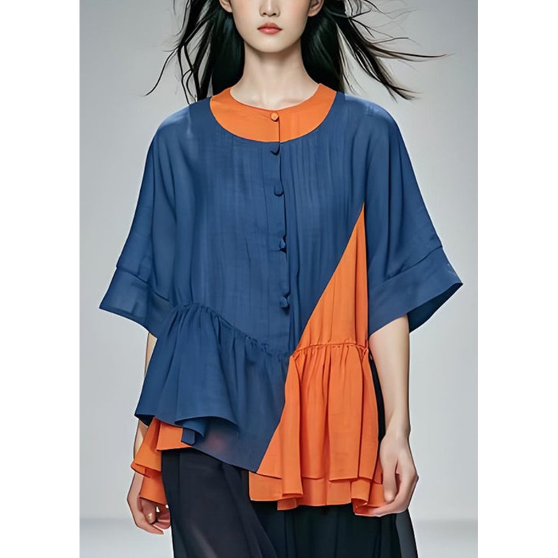 Organic Navy O-Neck Asymmetrical Patchwork Cotton Top Summer