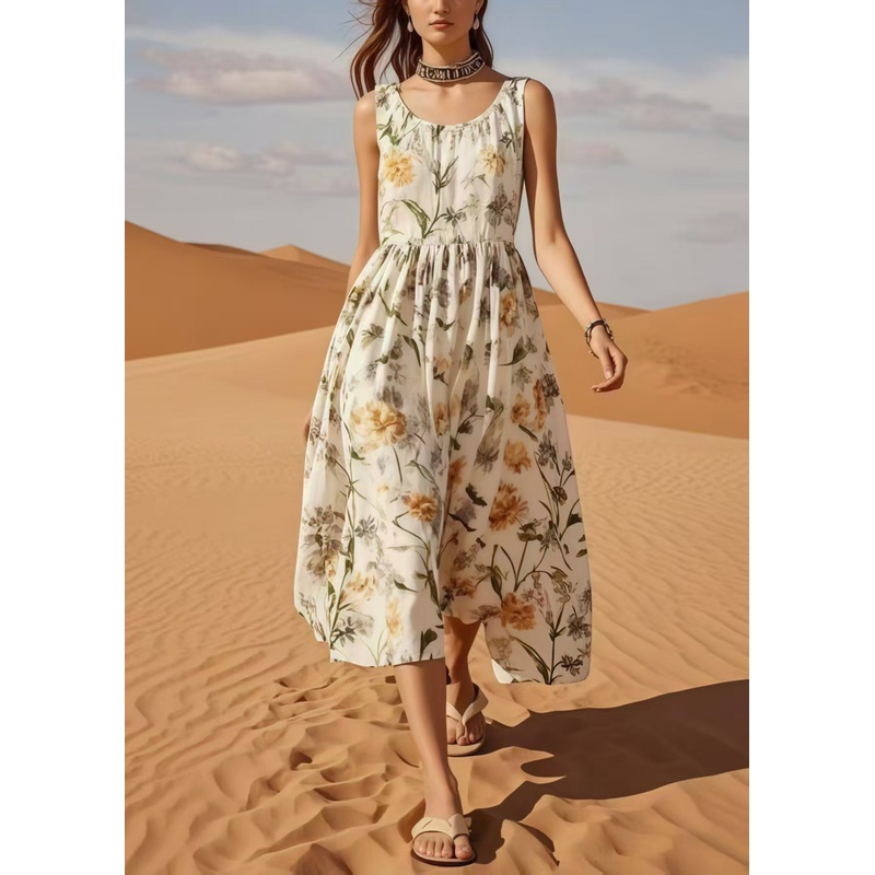 Organic White O-Neck Print Cotton Maxi Dress Summer