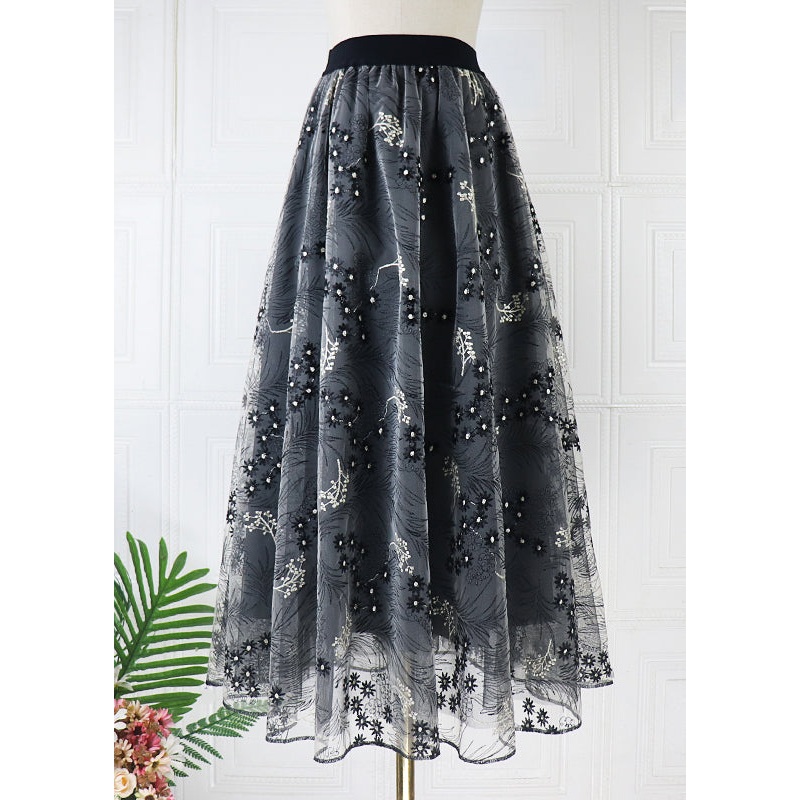 Original Design Black Embroidered High Waist Tulle Skirts Spring