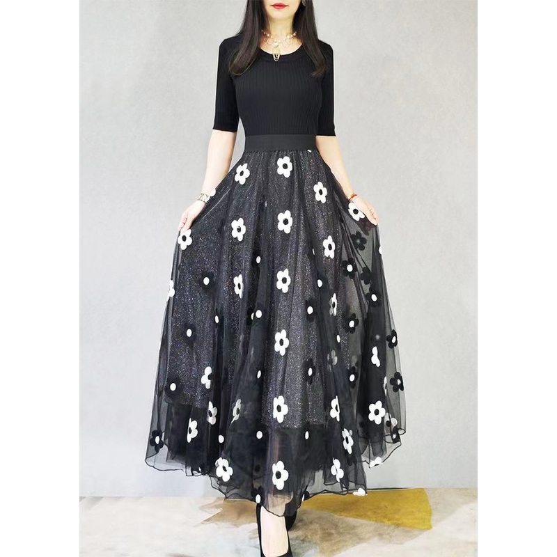 Plus Size Black Embroidered Elastic Waist Tulle Skirt Spring