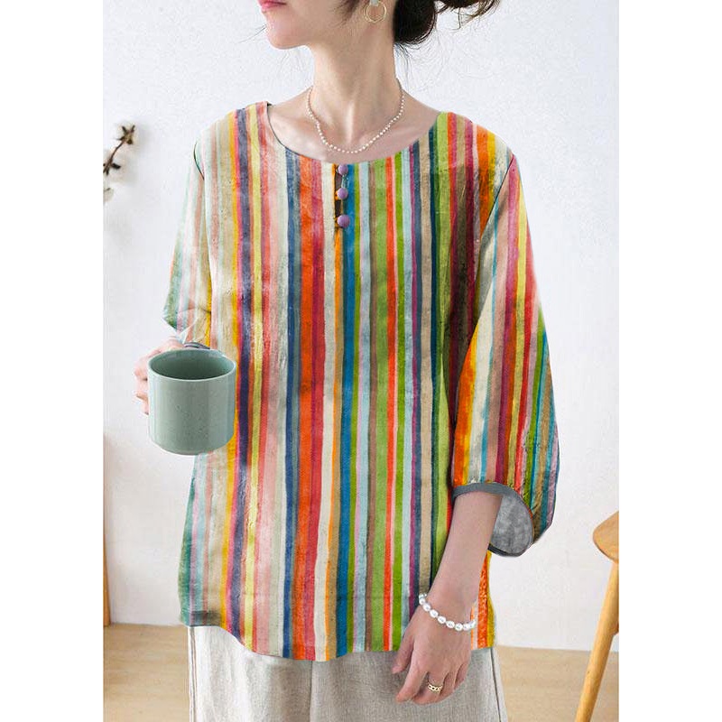 Plus Size Color Stripes Button Print Three Quarter Sleeve Top