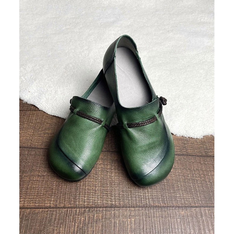 Retro Green Cowhide Leather Splicing Cross Strap Flats Shoes