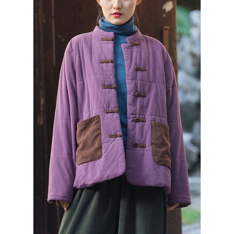Retro Purple Chinese Button Pockets Thick Parkas Winter