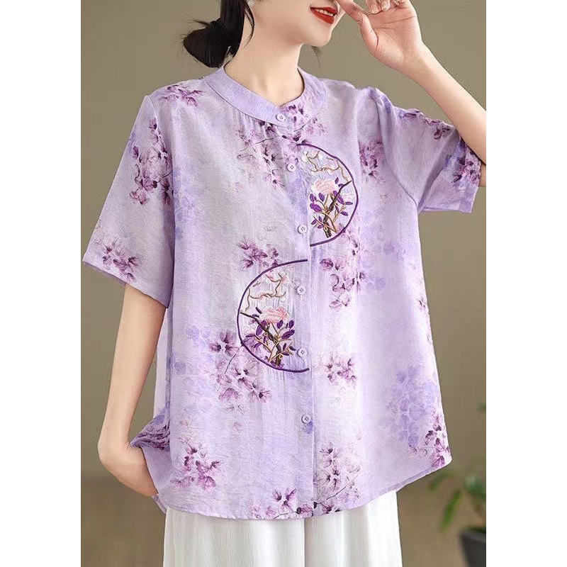 Retro Purple Stand Collar Embroidered Cotton Shirt Summer