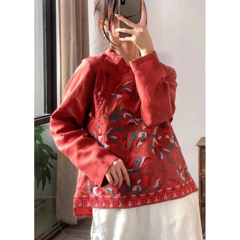 Retro Red Stand Collar Embroidered Linen Shirt Long Sleeve