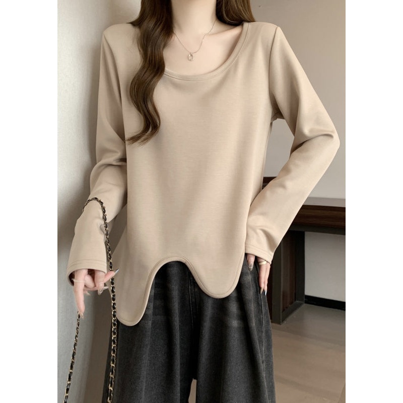 Simple Khaki O Neck Asymmetrical Design Cotton T Shirts Fall