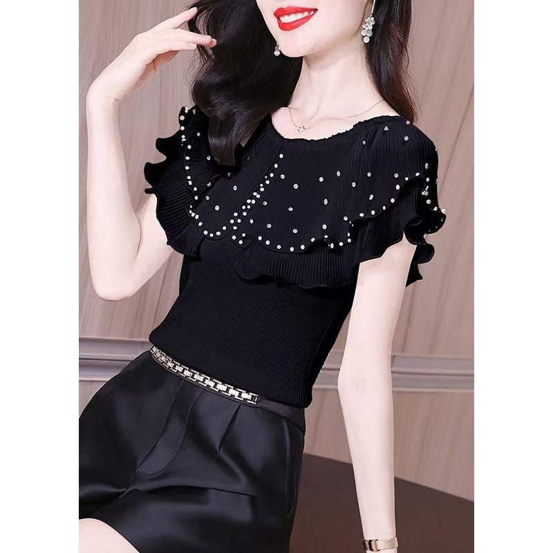 Slim Fit Black Ruffled Zircon Knit T Shirt Summer