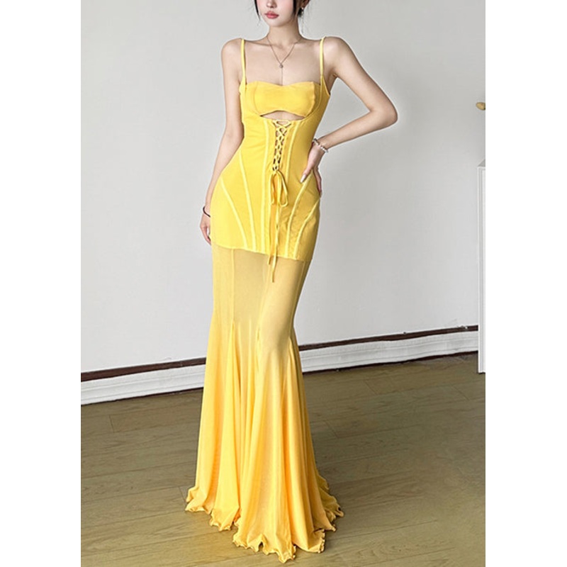 Slim Fit Yellow Lace Up High Waist Tulle Spaghetti Strap Dress Dress Sleeveless