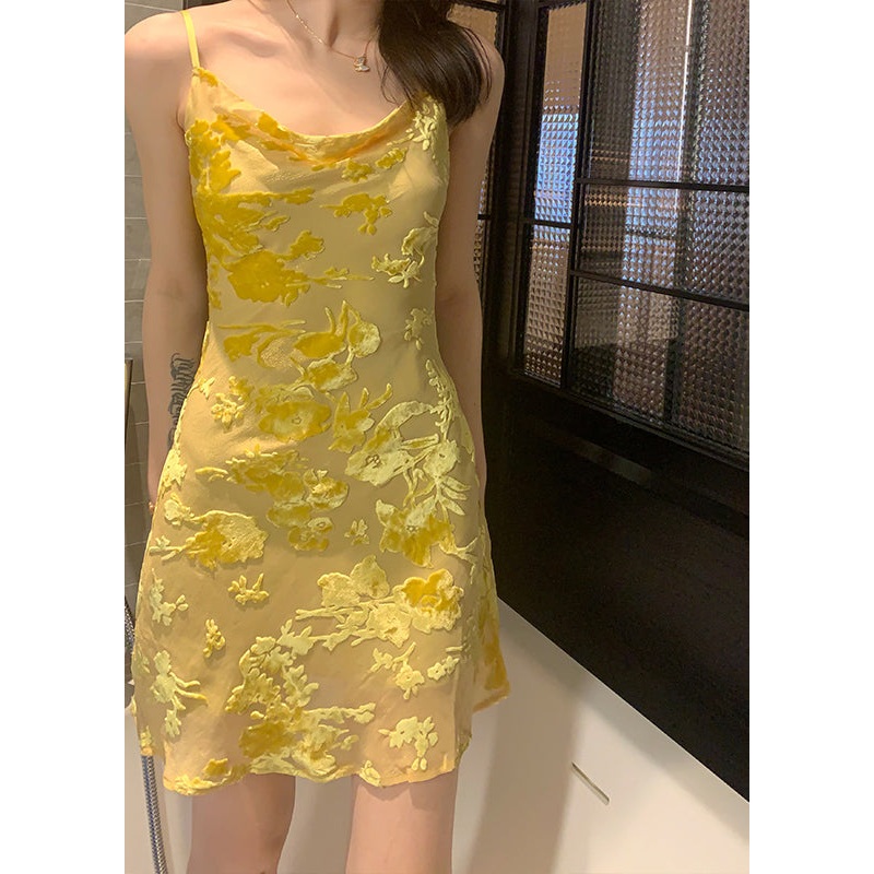 Slim Fit Yellow O Neck Solid Silk Spaghetti Strap Dress Sleeveless
