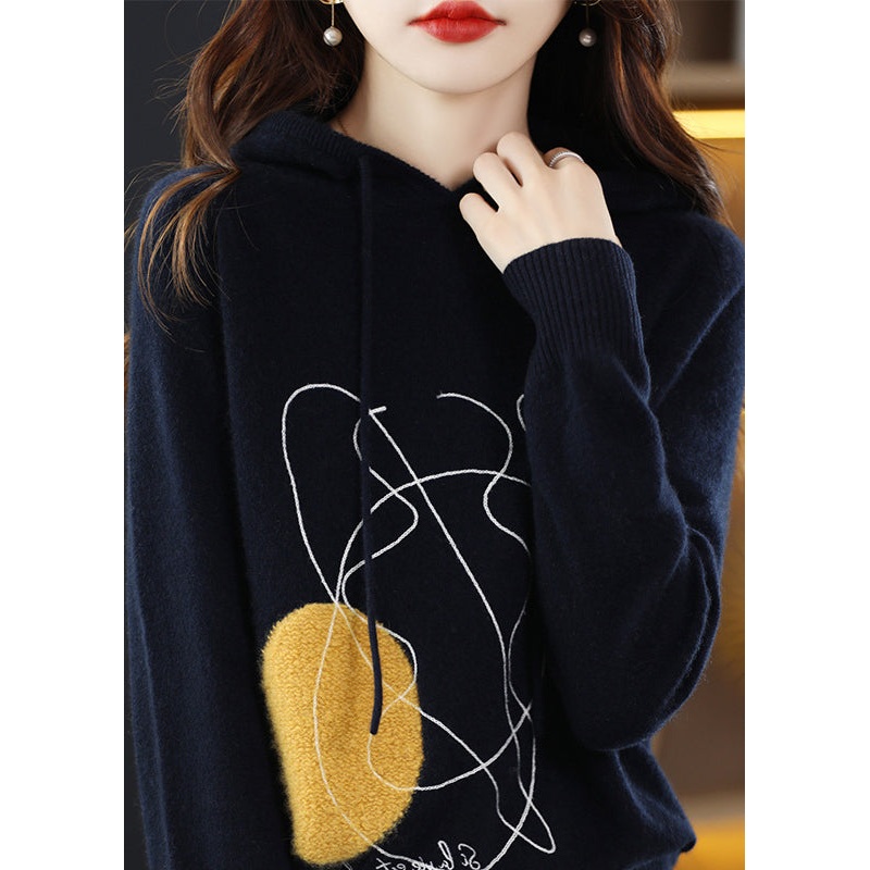 Stylish Navy Print Wool Knit Hooded Sweater Fall