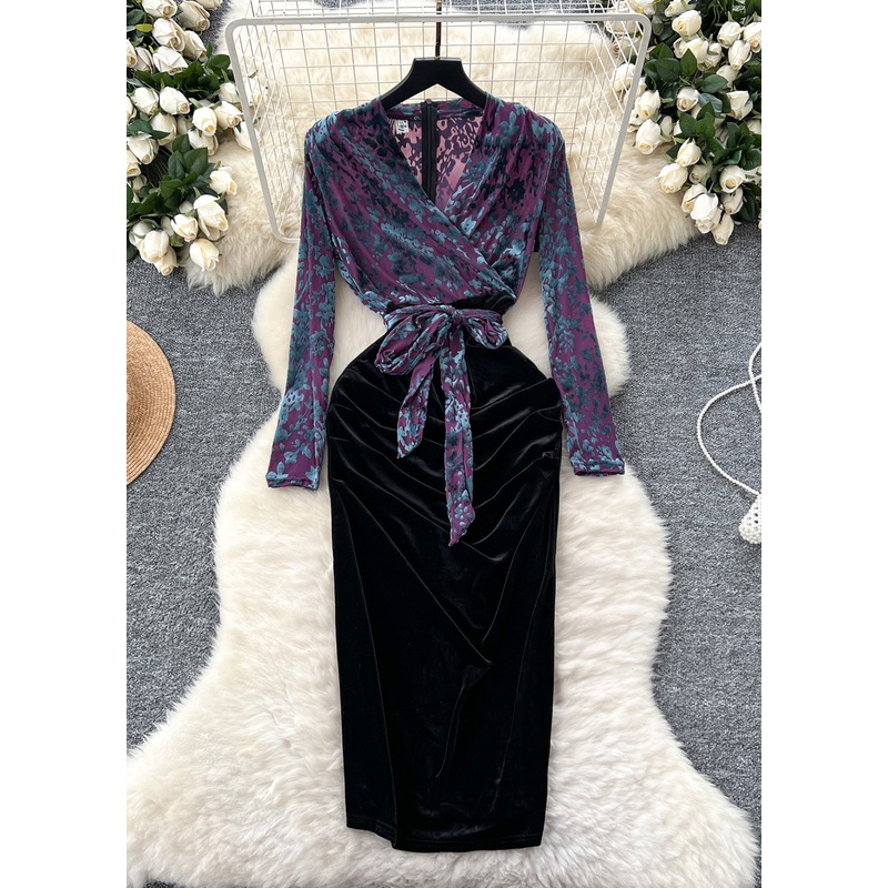 Stylish Purple V Neck Lace Up Patchwork Velour Dress Winter