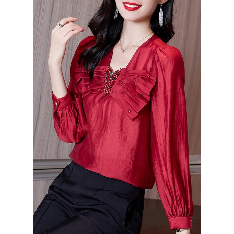 Stylish Red V Neck Bow Zircon Chiffon Shirts Spring