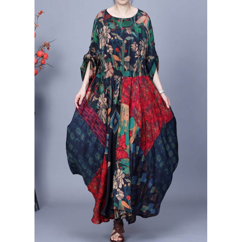 Unique Colorblock O Neck Print Patchwork Silk Long Dresses Summer