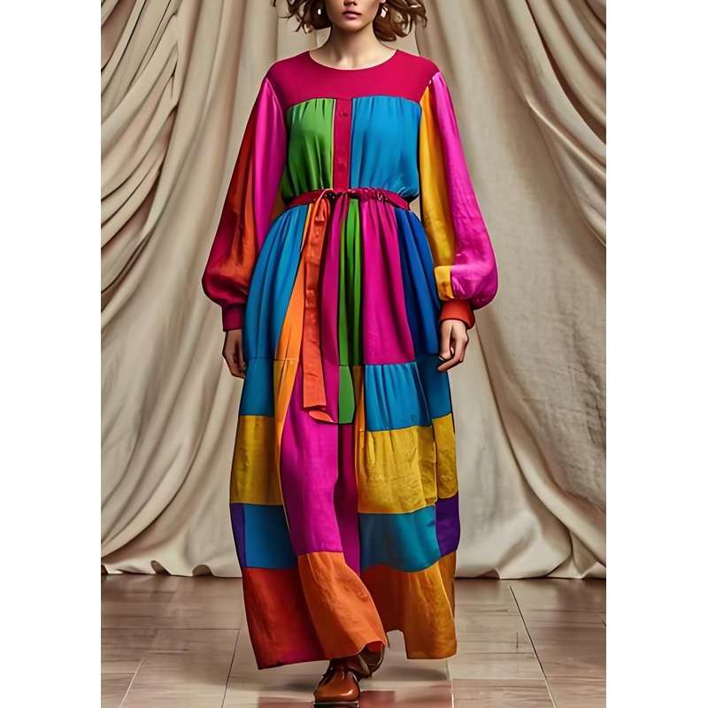 Unique Colorblock O Neck Tie Waist Patchwork Cotton Dress Long Sleeve