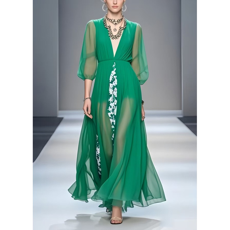 Unique Tea Green V Neck Patchwork Chiffon Dress Bracelet Sleeve