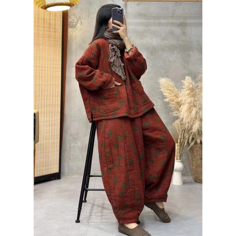 Vintage Orange Print Tops And Pants Fine Cotton Filled Two Pieces Set Spring