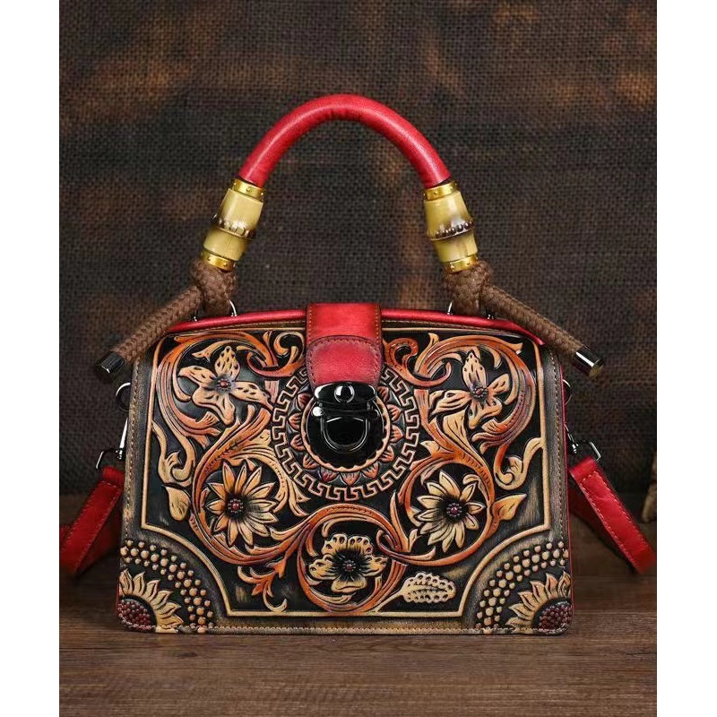 Vintage Red Original Bamboo Joint Splicing Embossed Handbag