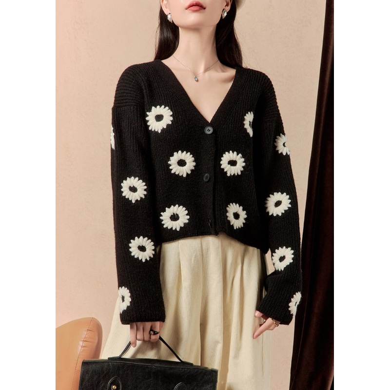 Women Black V Neck Button Floral Knit Sweaters Winter