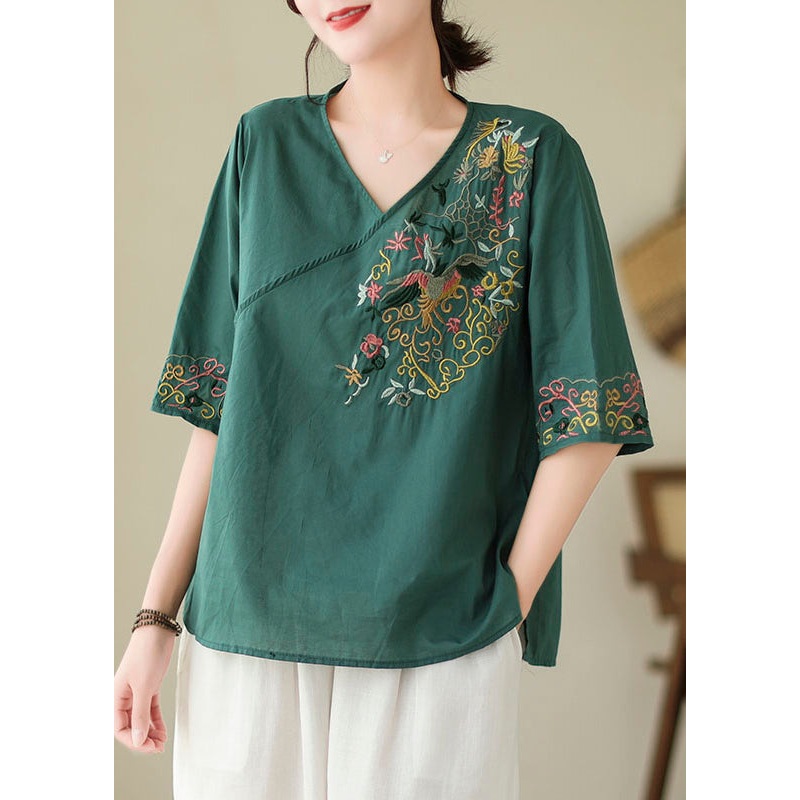 Women Blackish Green Embroidered Side Open Cotton Blouses Summer