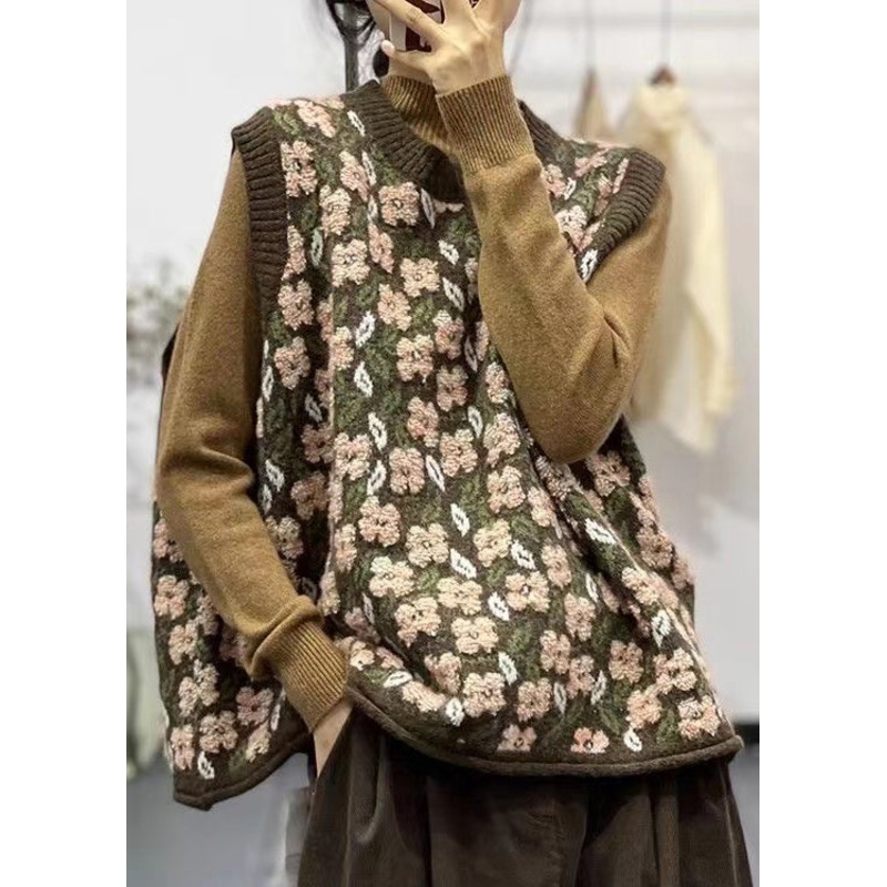 Women Coffee O-Neck Jacquard Loose Knit Vest Spring