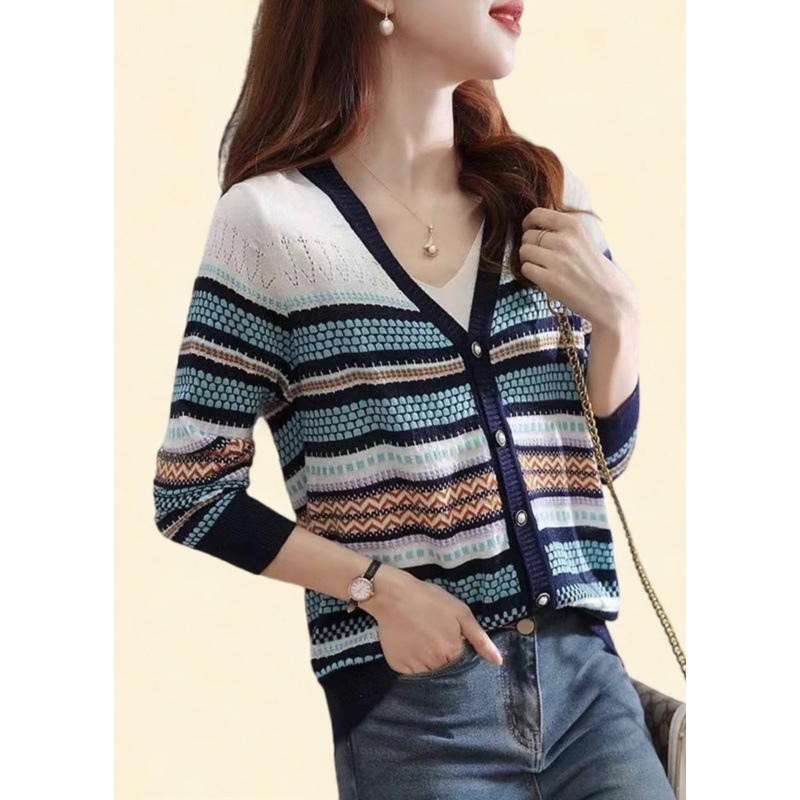 Women Colorblock V Neck Striped Patchwork Button Knit Cardigans Fall