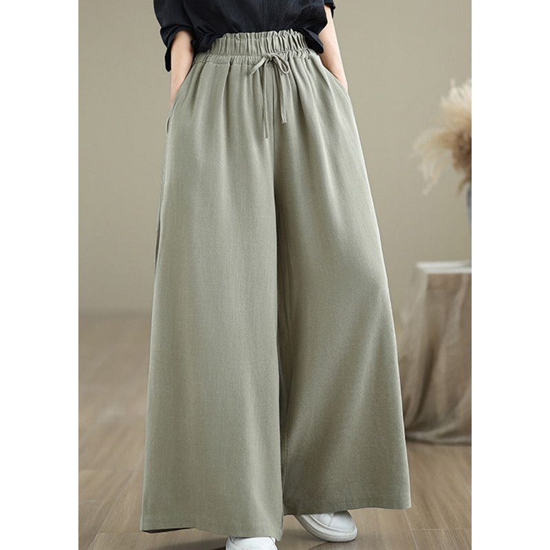 Women Light Green Pockets Elastic Waist Cotton Pants Fall