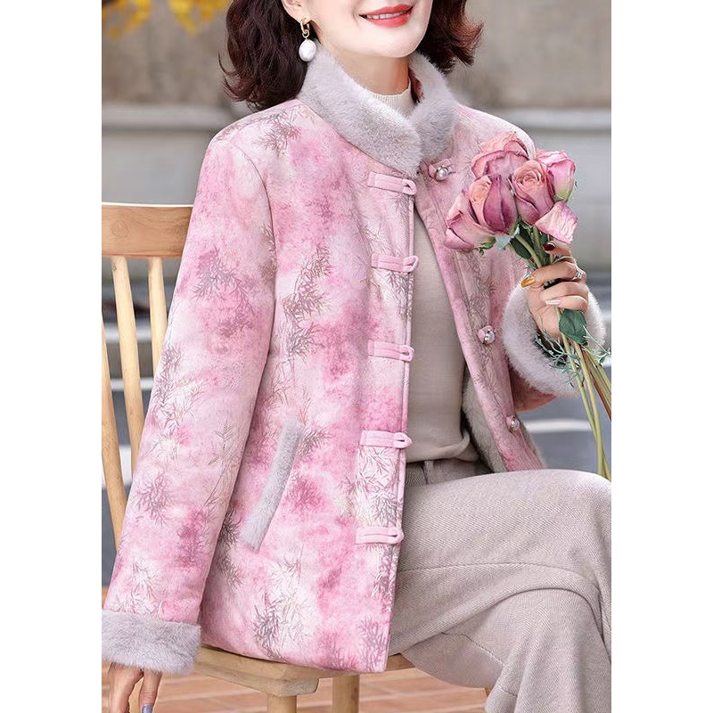 Women Pink Stand Collar Print Patchwork Warm Fleece Parkas Winter