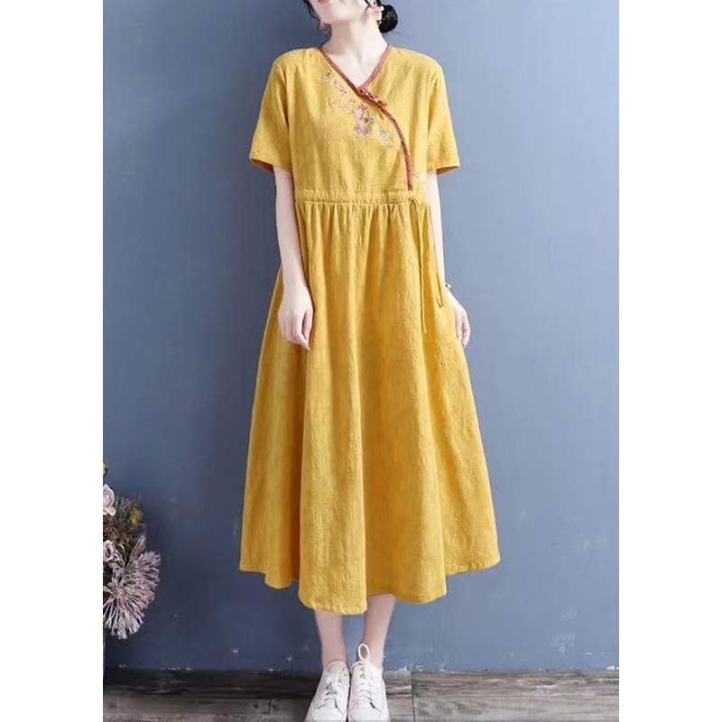 Women Yellow Embroidered Lace Up Linen Dresses Summer
