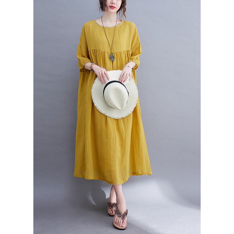 Yellow O-Neck Wrinkled Maxi Dress Half Sleeve