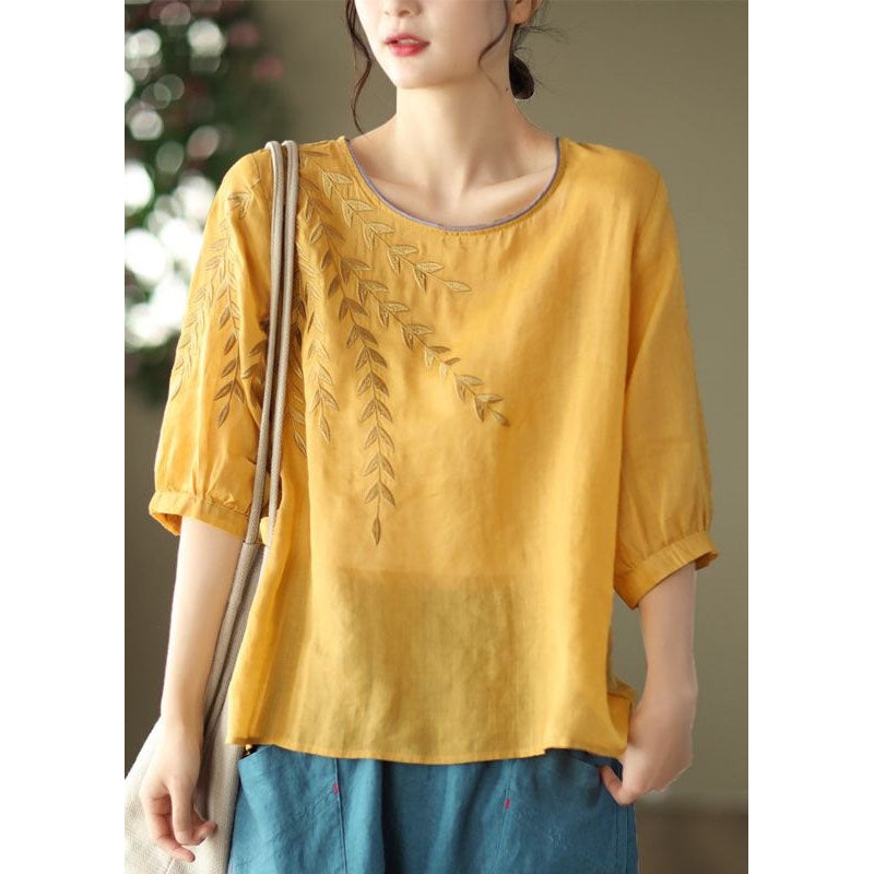 Yellow Patchwork Cotton Top O Neck Embroideried Summer