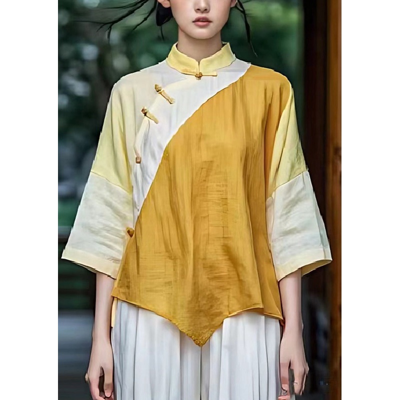 Yellow Patchwork Linen Chinese Style Top Asymmetrical Design Summer