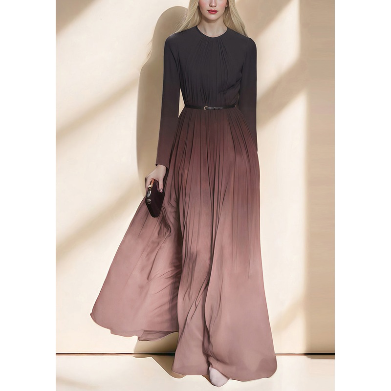 Art Coffee Gradient O Neck Wrinkled Silk Ankle Dress Spring