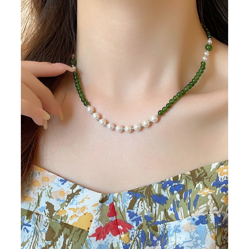 Art Green Copper Alloy Pearl Beading Gratuated Bead Necklace