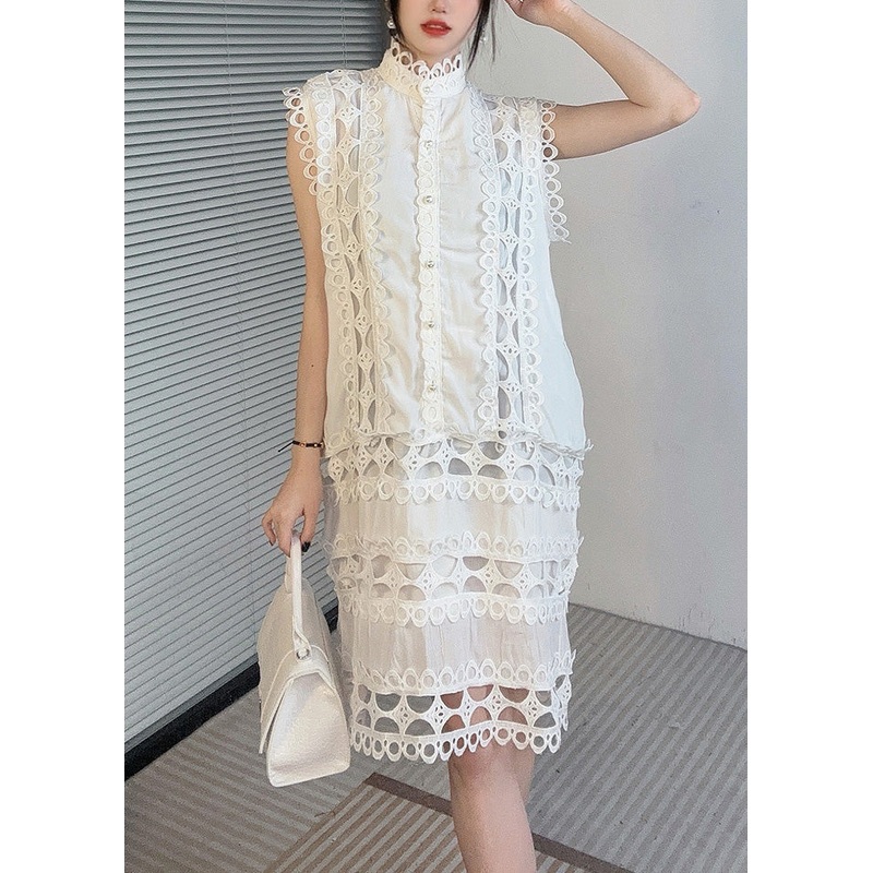 Art White Button Hollow Out Lace Dress Sleeveless