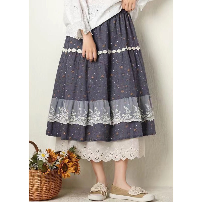 Beautiful Navy Print Lace Elastic Waist Cotton Skirt Spring