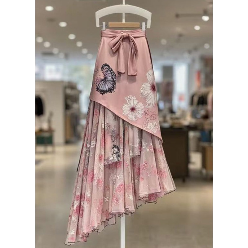 Beautiful Pink Print Lace Up Patchwork Chiffon Skirts Summer