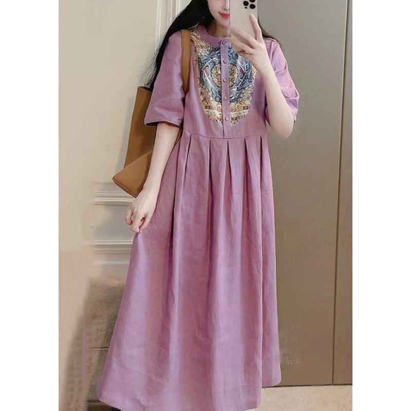 Beautiful Purple Button Print Pockets Cotton Dresses Summer