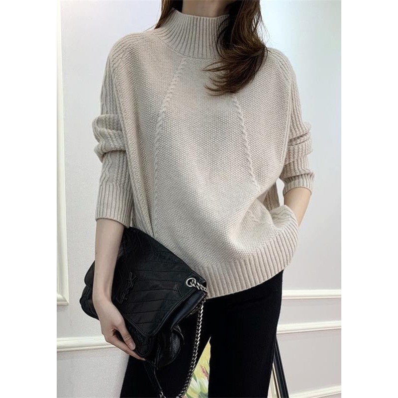 Beige Solid Cozy Knit Fall Sweaters Turtleneck