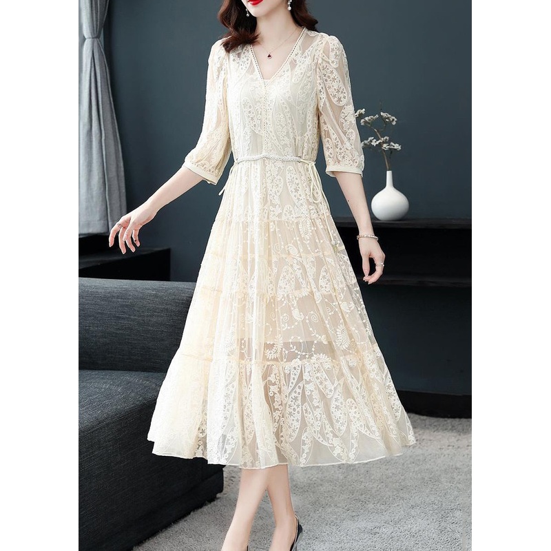 Beige Tie Waist Lace Long Dresses V Neck Bracelet Sleeve