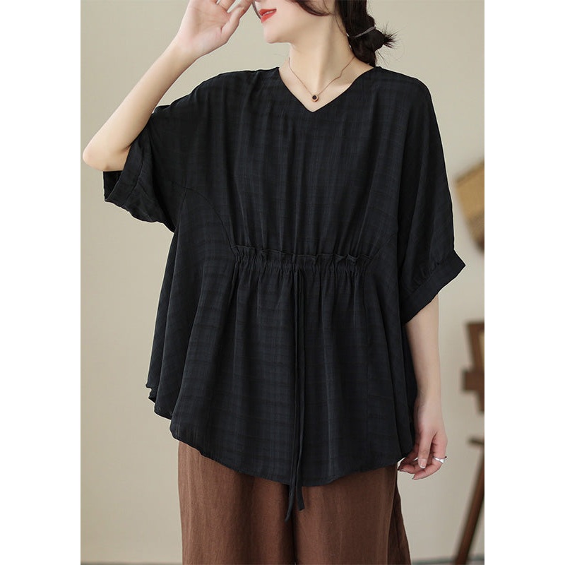 Black Lace Up Cotton Tops V Neck Half Sleeve