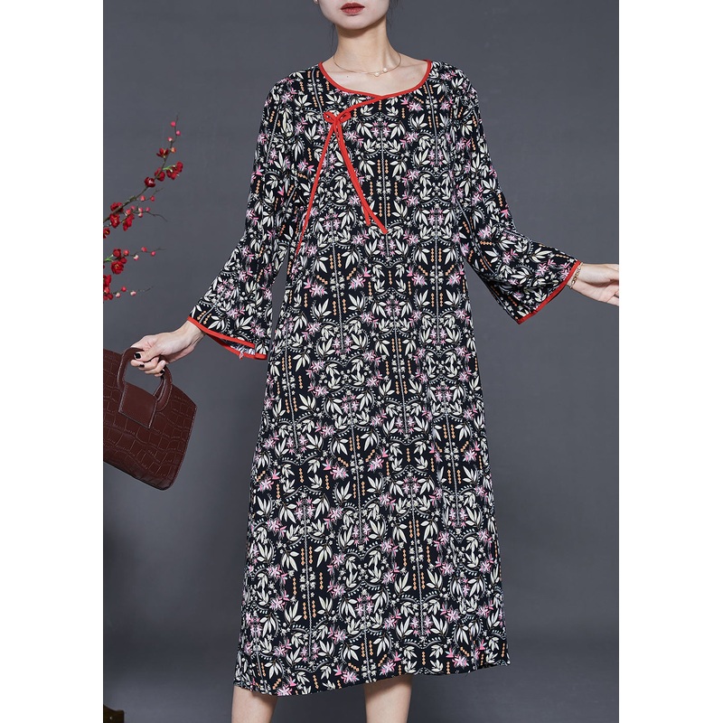 Black Print Cotton Dresses Oversized Lace Up Summer