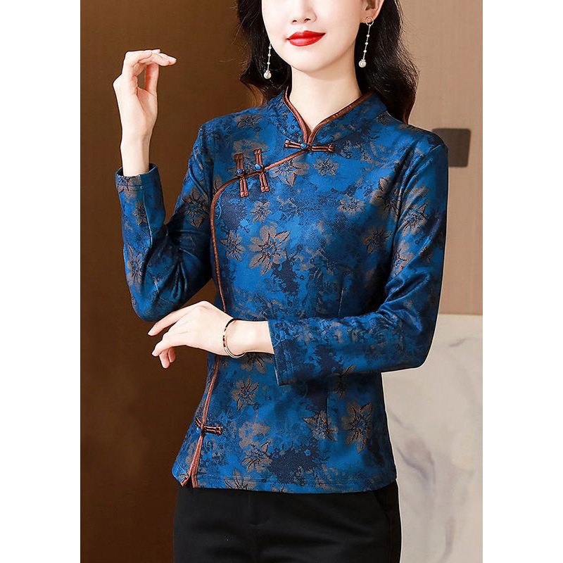 Blue Print Patchwork Silk Warm Fleece Tops Stand Collar Spring
