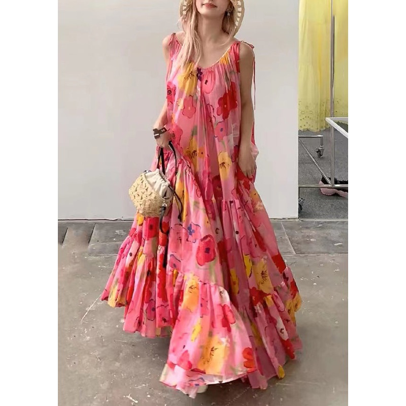 Bohemian Pink Print Wrinkled Patchwork Strap Dress Summer