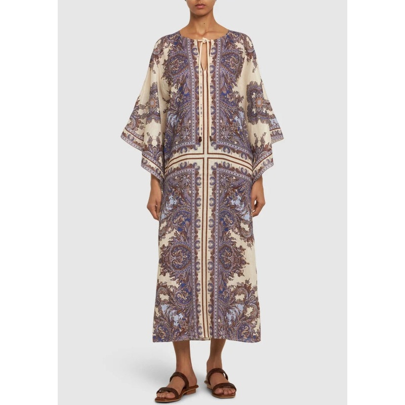 Bohemian Purple Print Lace Up Cotton Holiday Dress Fall