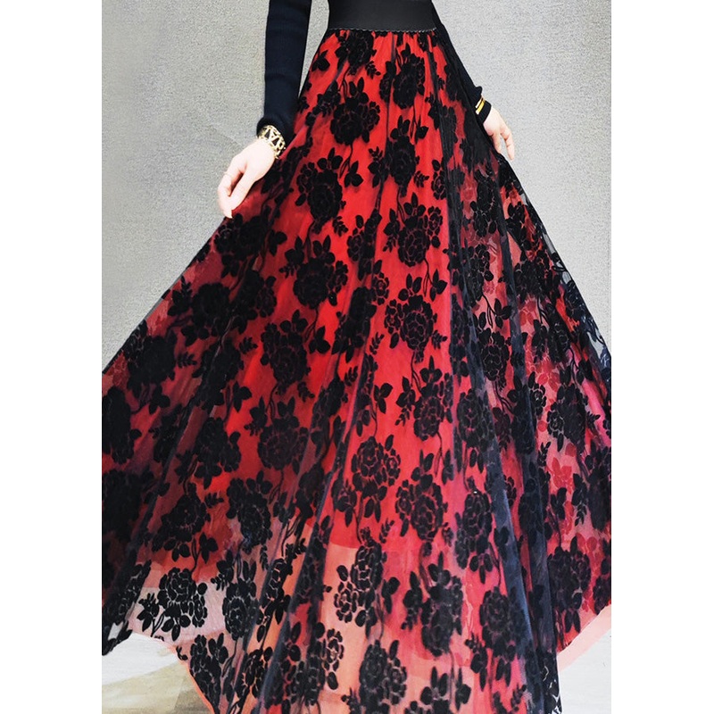 Bohemian Red High Waist Tulle A Line Skirt Spring