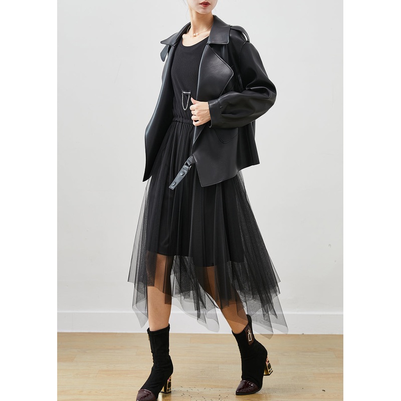 Boho Black Faux Leather Coats And Tull Dress Two Piece Set Women Clothing Spring