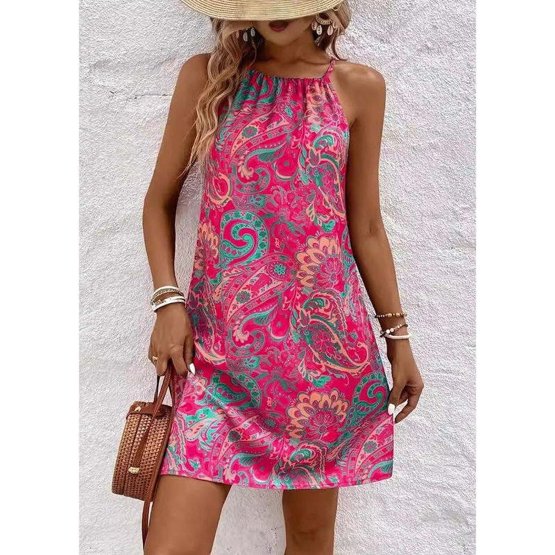Boho Rose Print Lace Up Chiffon Dresses Sleeveless
